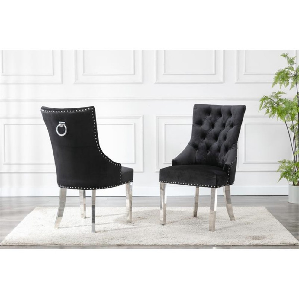 Maklaine Double Tufted Black Velvet Side Chairs w/ Silver Stainless Steel Legs   Transitional   Dining Chairs   by Homesquare  Houzz