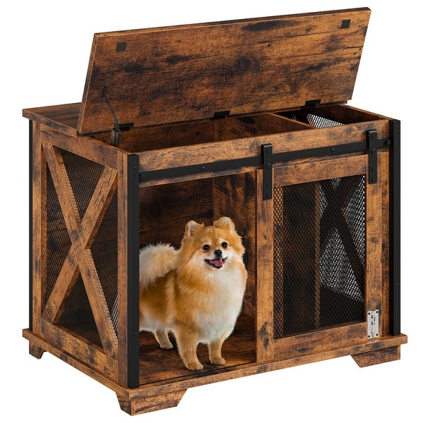 37'' Sliding Barn Door Dog Crate Furniture with Flip Top and Movable Divider， Wooden Dog Crate Table