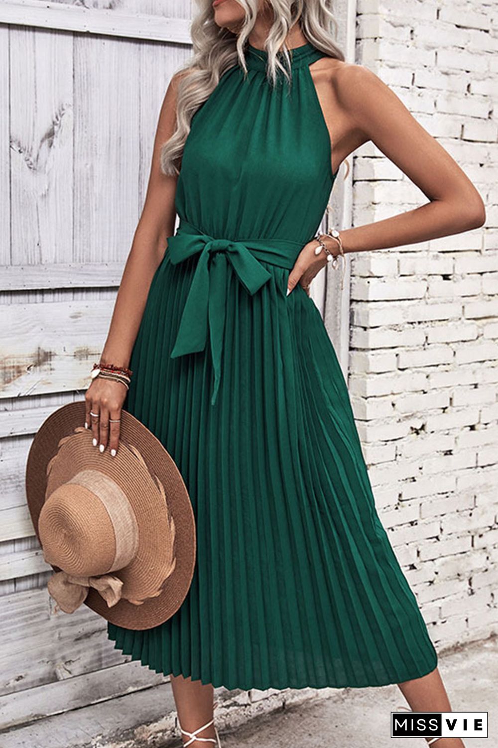 Dark Green Pleated Hlater Sleeveless Midi Dress