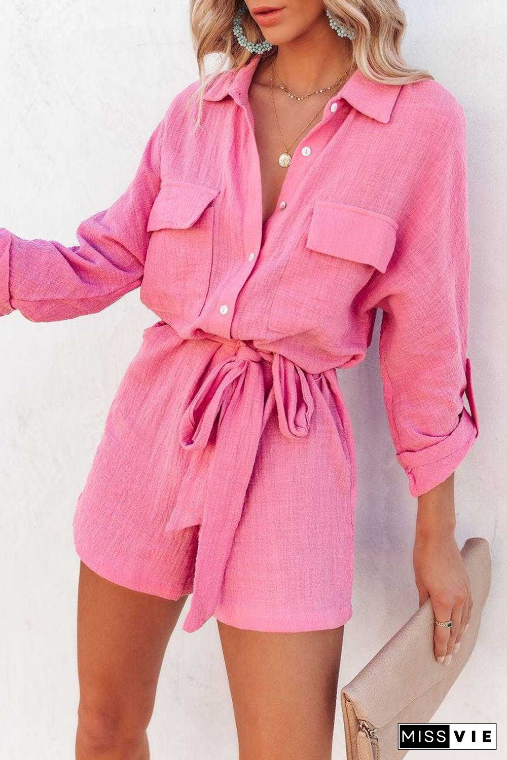 Rose Roll Tab Sleeve Button Shirt Style Belted Romper