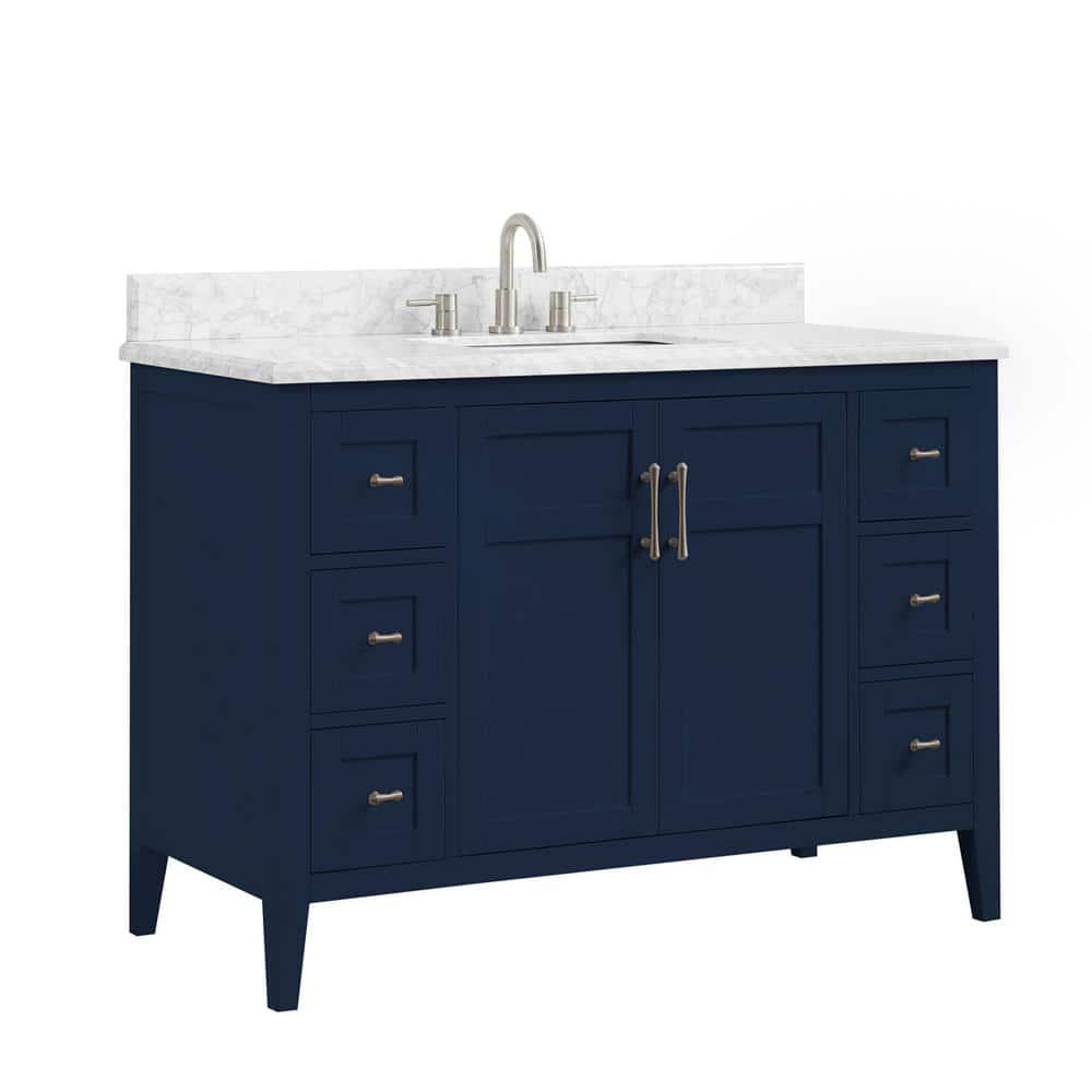 Home Decorators Collection Sturgess 49 in W x 22 in D Bath Vanity in Navy Blue with Marble Vanity Top in Carrara White with White Basin