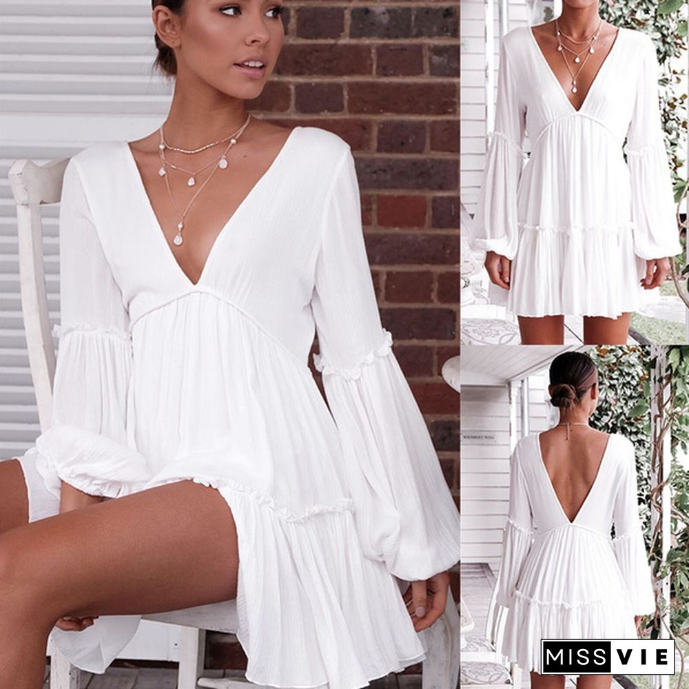 Women Fashion Deep V-neck Long Sleeve Dress Backless White Dress Casual Beach Mini Dress