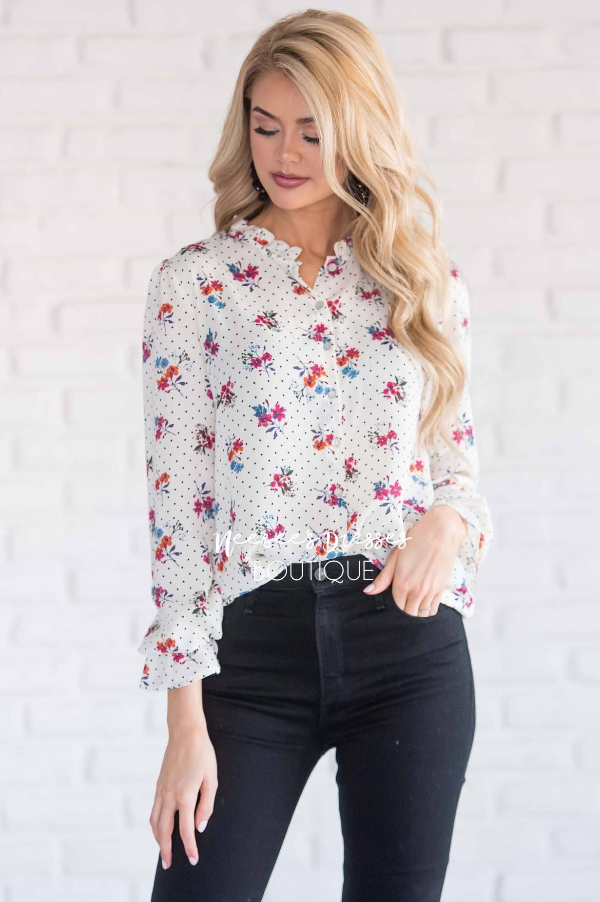 Ruffle Neck Polka Dot Floral Blouse