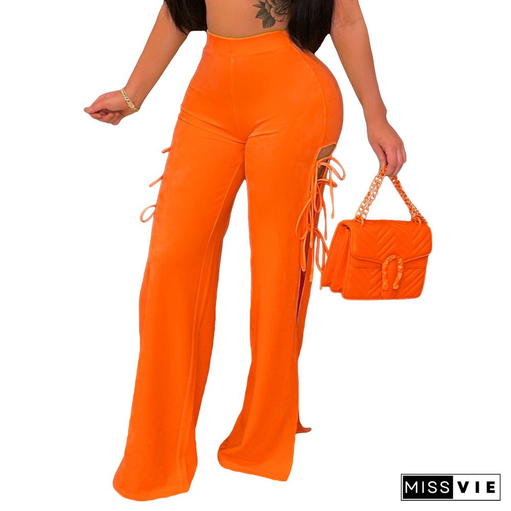 Solid Color Side Hollow Out Lace Up Flare Pants