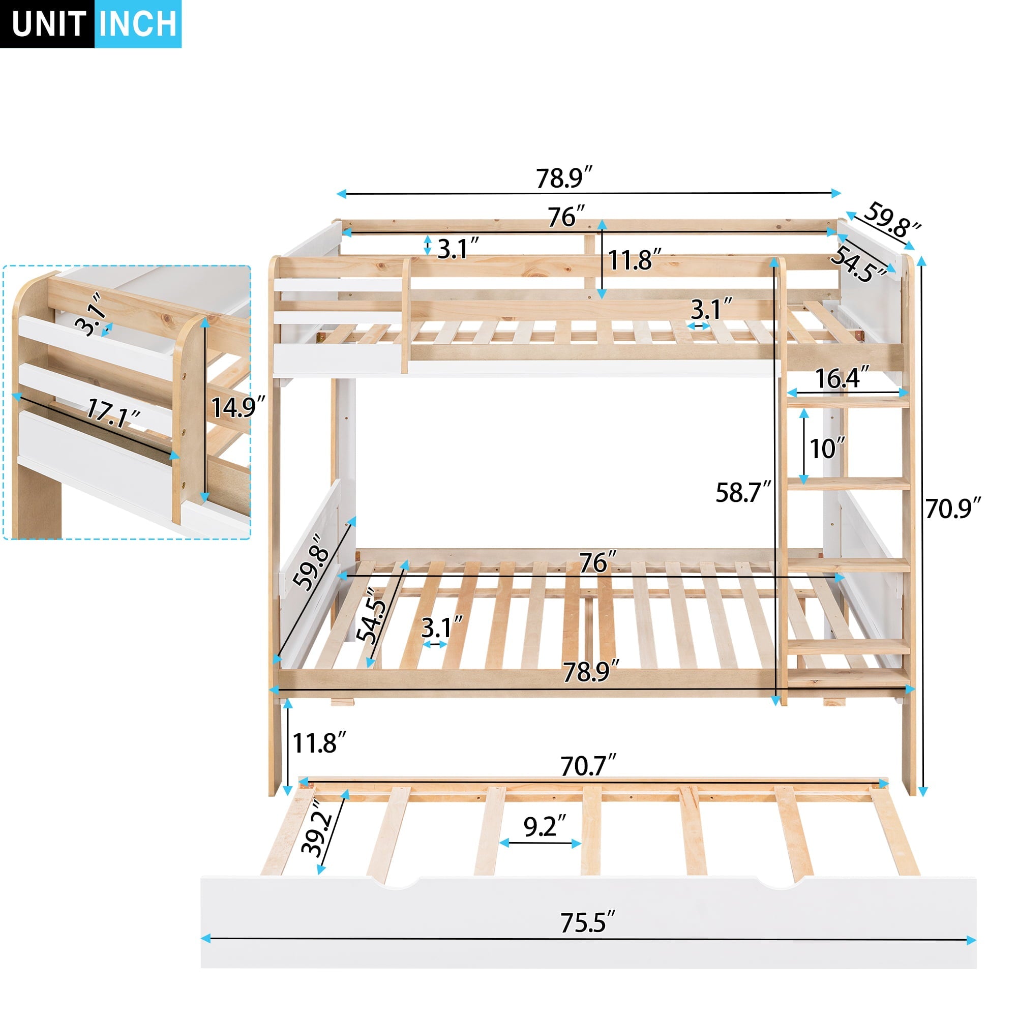 Full over Full Bunk Bed with Trundle and Little Shelf for Kids Bedroom, White