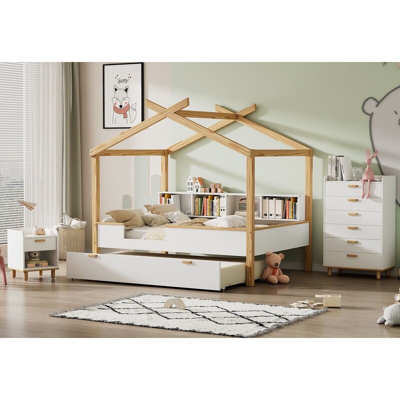 3 Pieces Bedroom Sets White Full Size Wooden House Bed with Trundle + Nightstand + 6 Drawer Chest