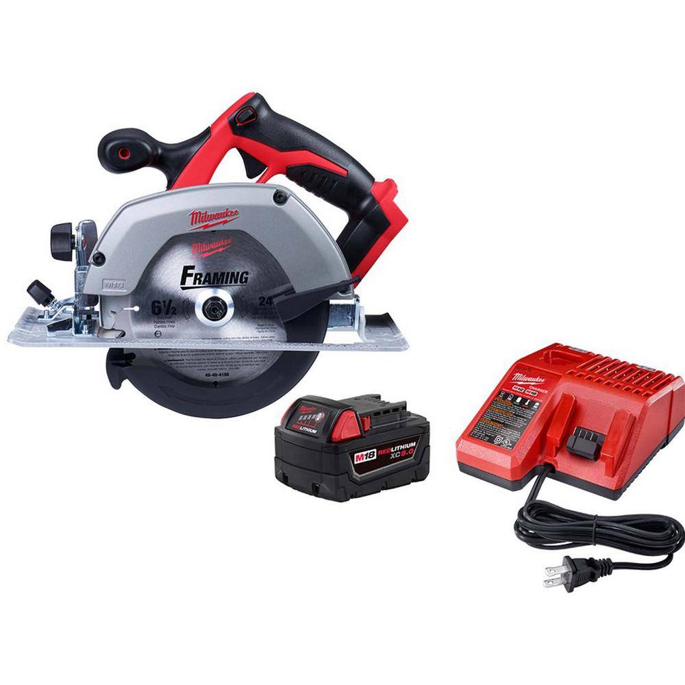 MW M18 18-Volt Lithium-Ion Cordless 6-12 in. Circular Saw with M18 Starter Kit One 5.0Ah Battery and Charger 48-59-1850-2630-20