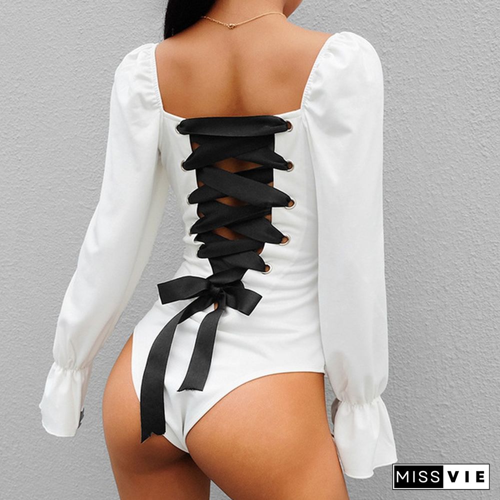 Spring Autumn New Fashion Women Bodysuit Jumpsuits Lace Up Long Sleeve Bottomings Overallls