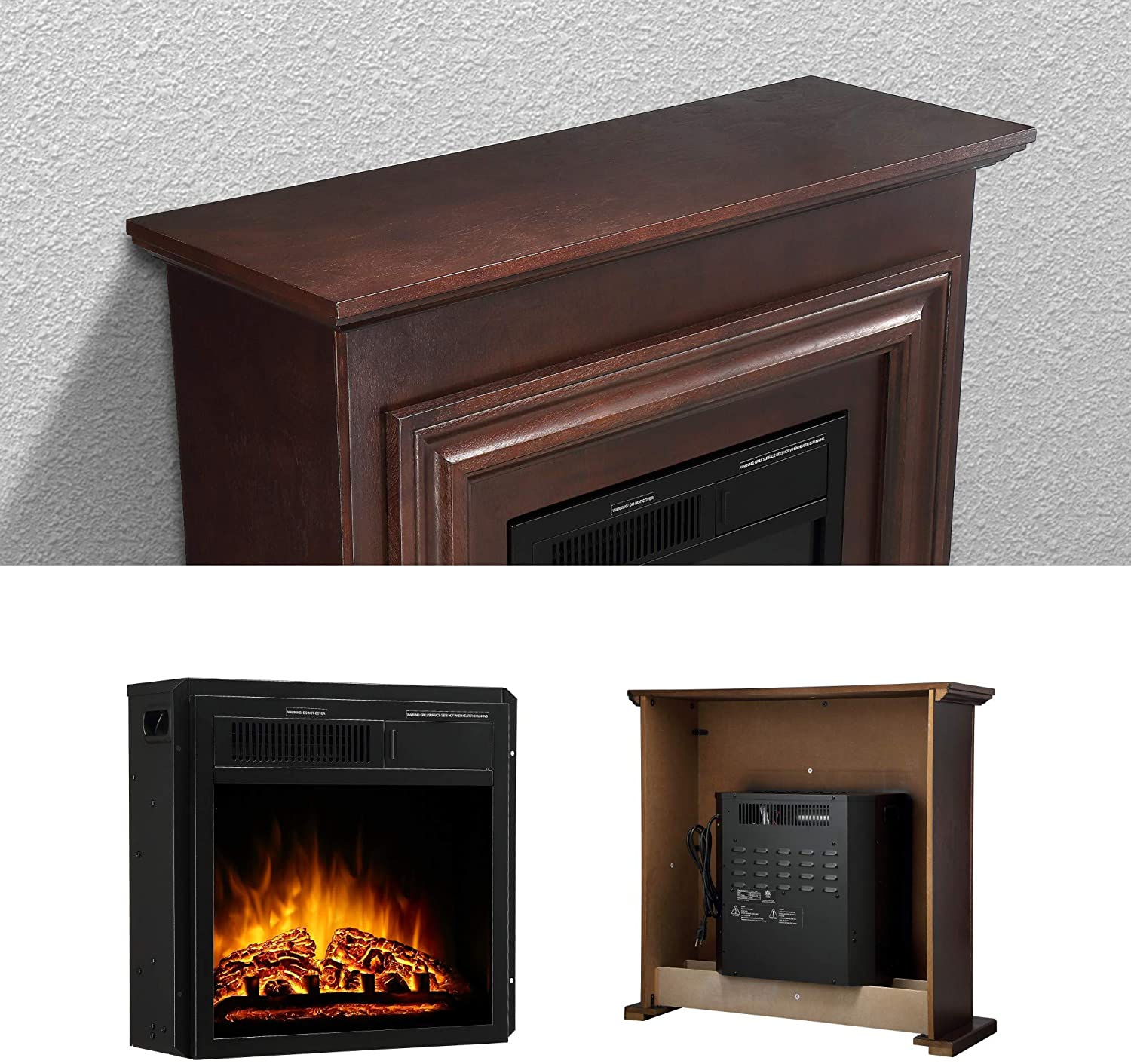 AGLUCKY Electric Fireplace Freestanding Brown Wooden Mantel Firebox with Logs Heater