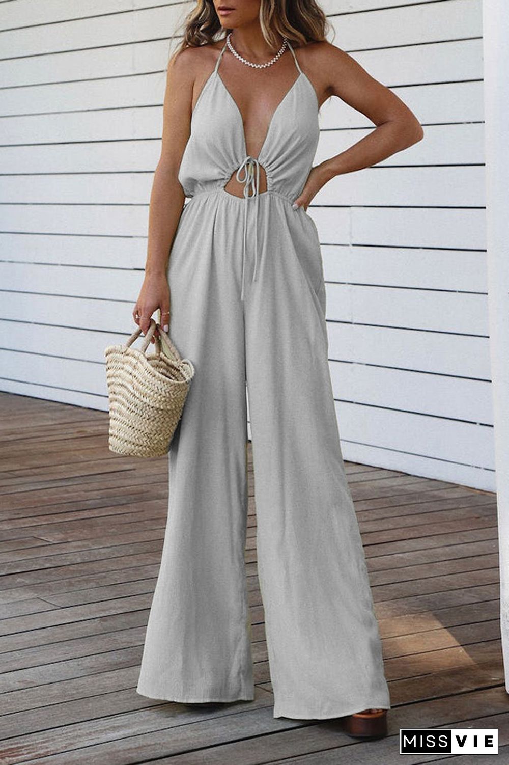 V Neck Halter Backless Wide Leg Jumpsuit