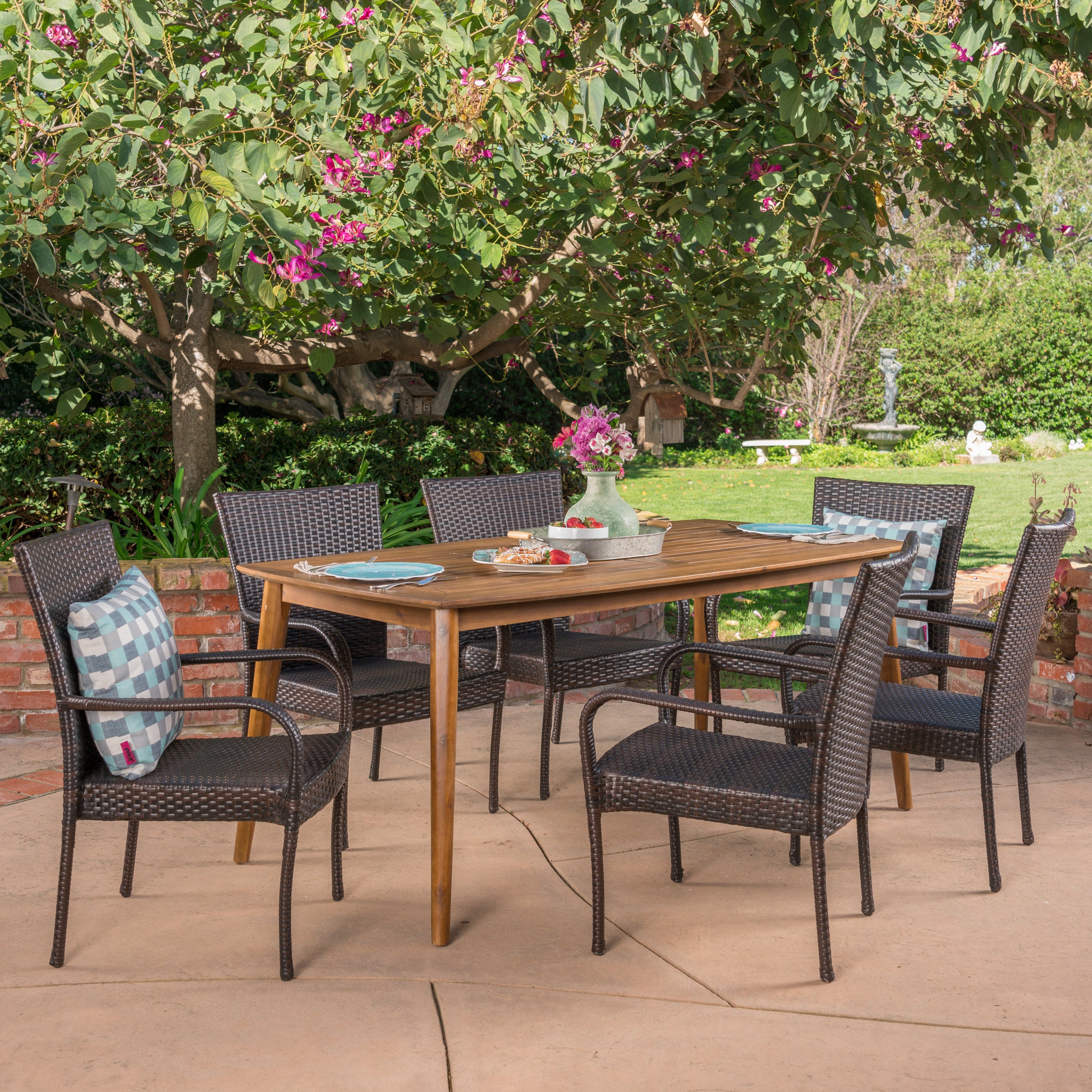 Livio Outdoor 7 Piece Multibrown Wicker Dining Set with Teak Finish Rectangular Acacia Wood Dining Table