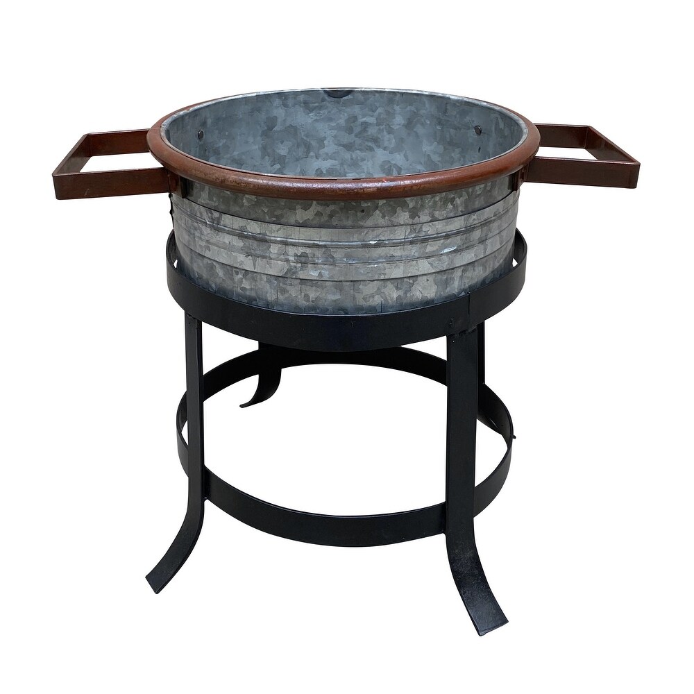 21  18  and 16 Inch 3 Piece Round Tub Metal Planter Set with Stand in Galvanized Gray and Black Iron