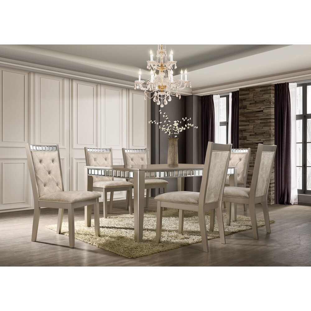 GTU Furniture Set for 6 Mirror Trim Rectangular Dining Table with Luxurious Button Chair in Grey/Silver or Champagne