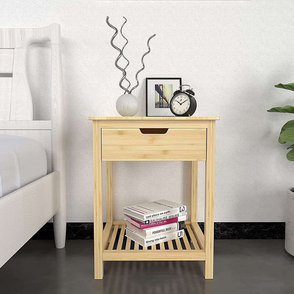 Multifunctional Bamboo Nightstand with Drawer and Bottom Storage Shelf