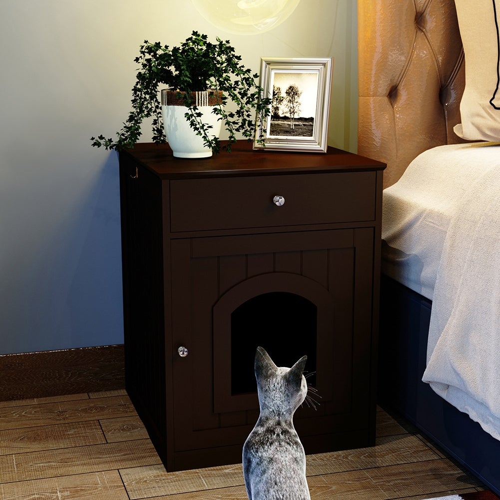 Wooden Pet House Side Table with Drawer，Espresso