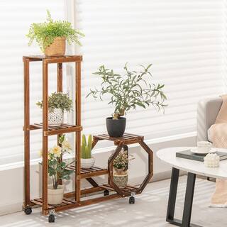 Costway 6-Tier 6 Potted Rolling Plant Stand Wooden Storage Display Shelf Rack with Wheels HZ-10N083WF