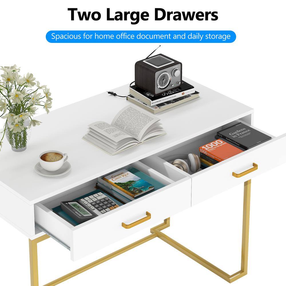 TRIBESIGNS WAY TO ORIGIN Halseey 39.4 in. Rectangular White Wood 2-Drawer Computer Desk with Gold L-Shaped Metal Base HD-M0191ZY