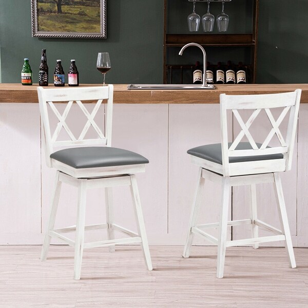 2 Pieces 24 Inch Swivel Counter Height Barstool Set with Rubber Wood Legs - 18