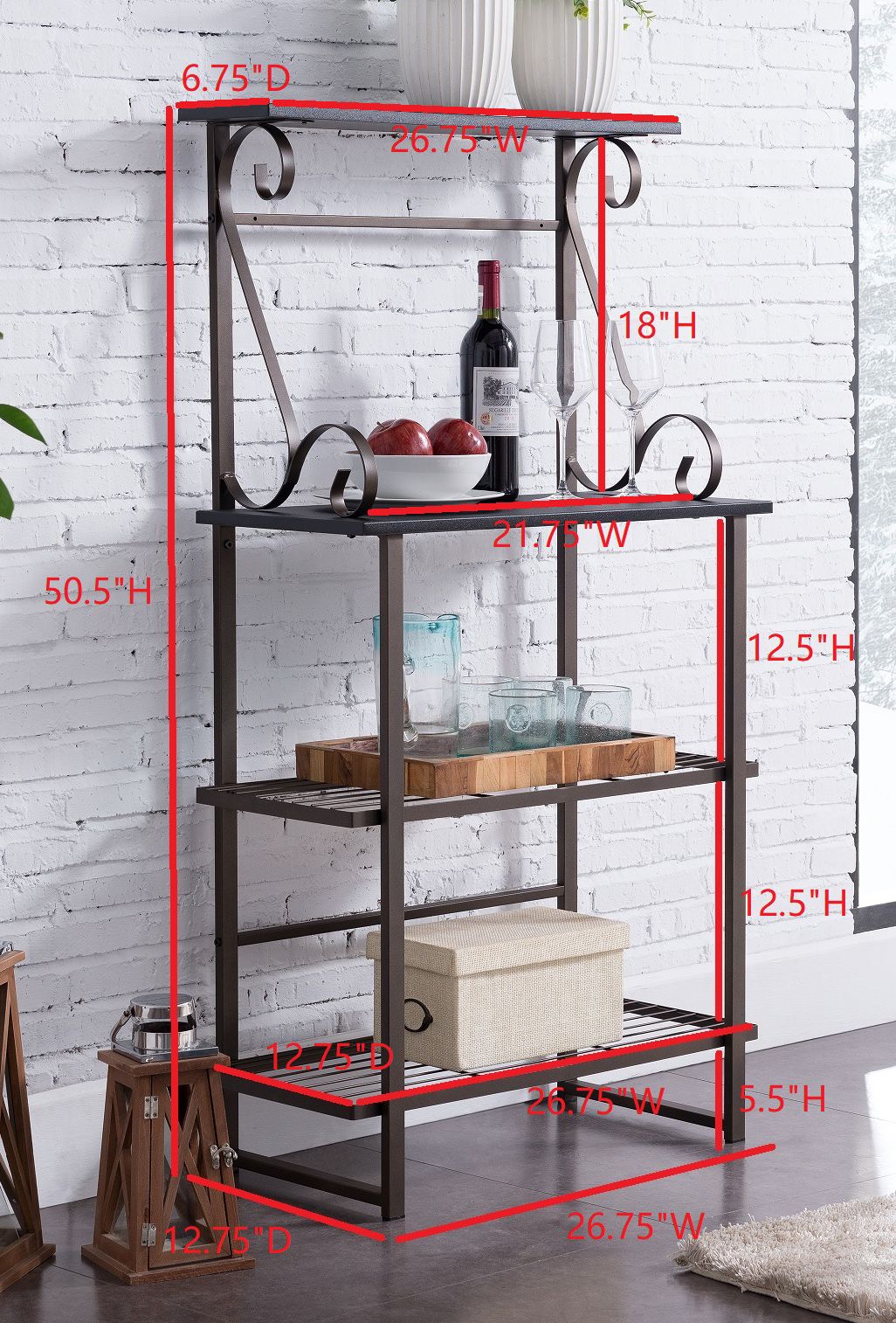 Solitude 4 Tier Free Standing Kitchen Bakers Rack， Pewter Metal Frame and Black Wood Center Shelf， Transitional