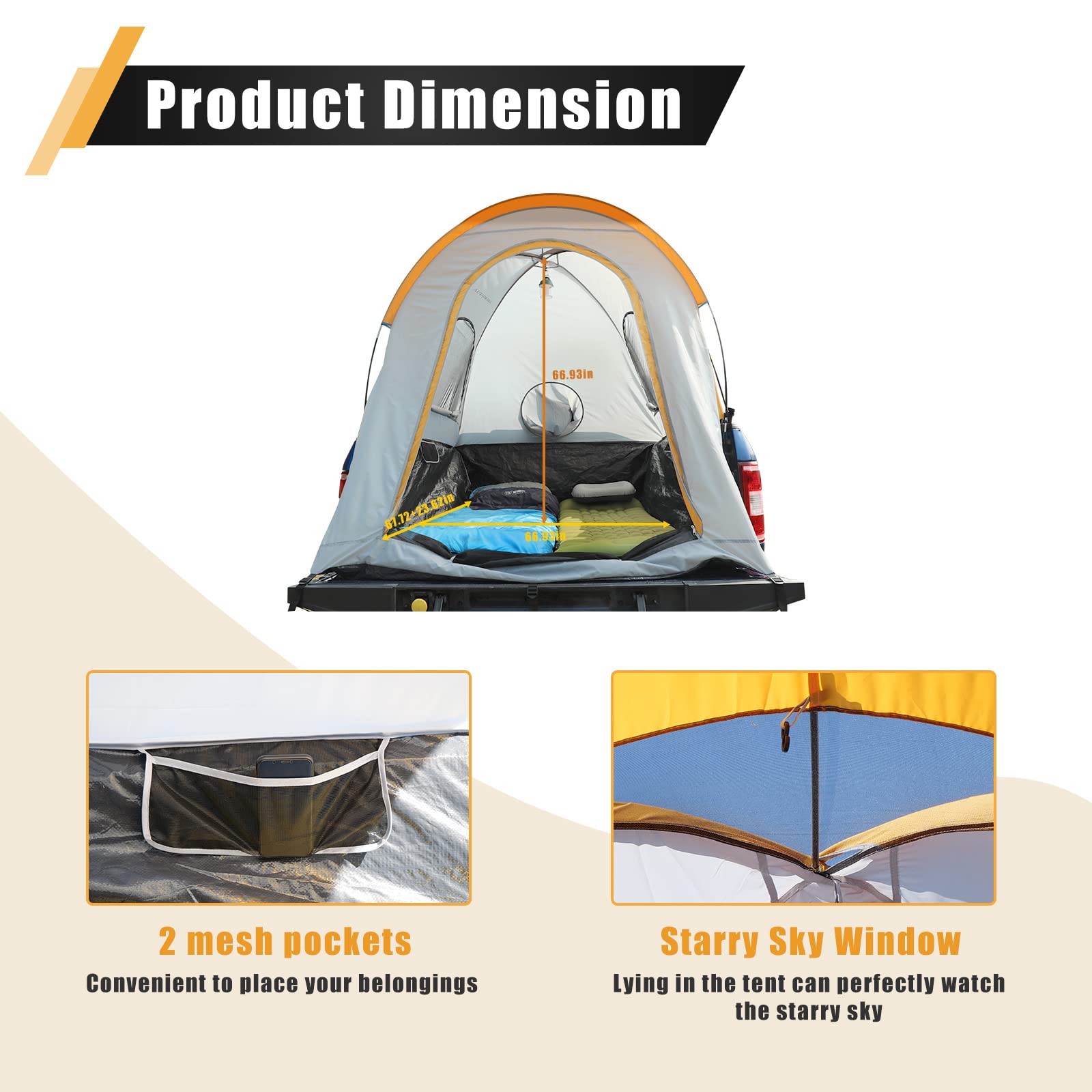 AUTOWIKI Truck Bed Tent Full Size for 5.5-5.8 ft Pickup Truck Bed Tent 2 Person Camping Oxford Cloth PU fit for Ford Chevy Dodge GMC Toyota Tundra Orange and Gray