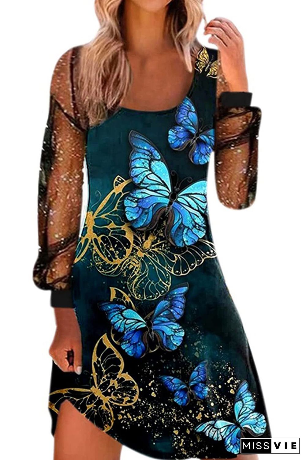 Printed with Bling Sheer Sleeves Dress