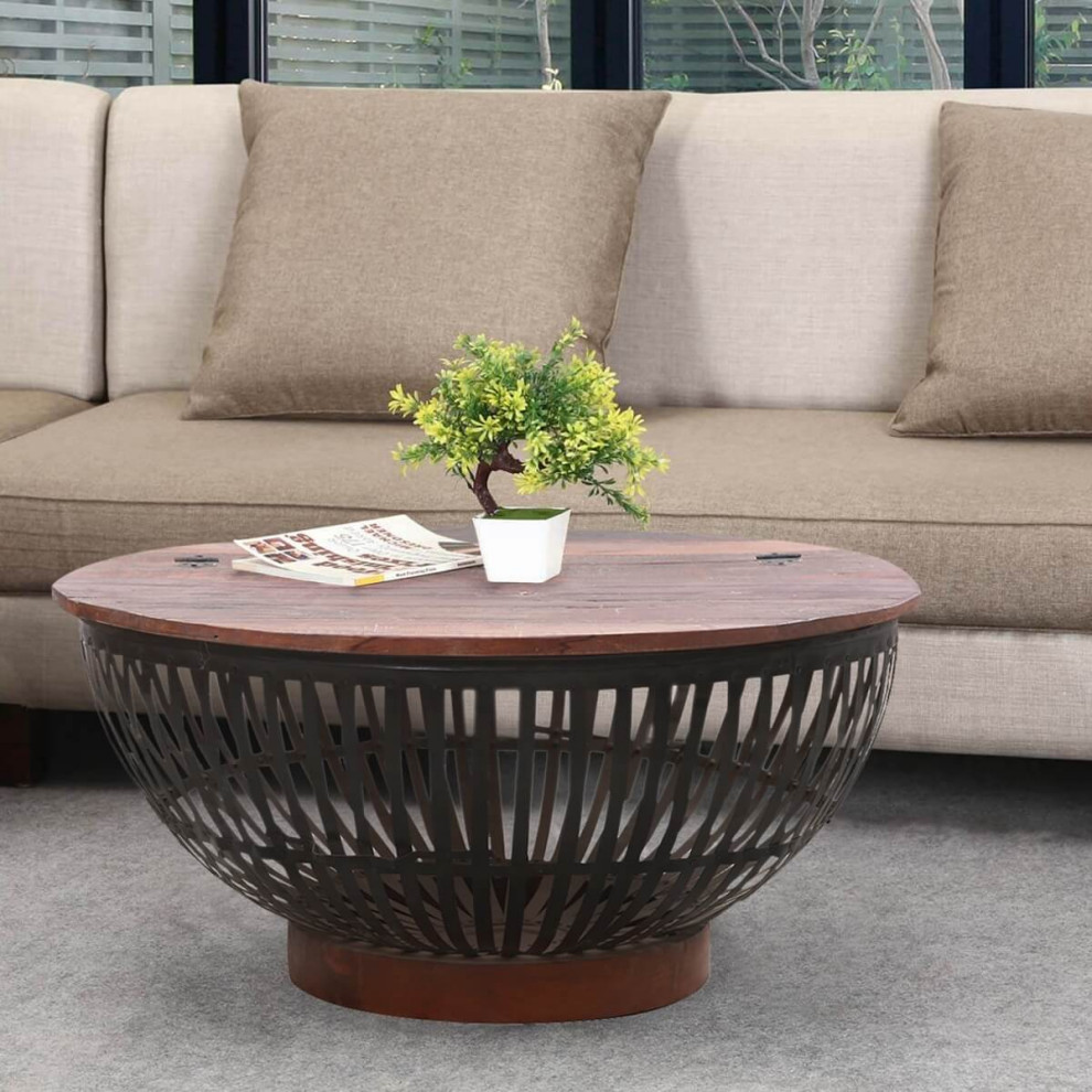 Barkerville Rustic Solid Wood and Iron Cage Drum Coffee Table   Industrial   Coffee Tables   by Sierra Living Concepts Inc  Houzz