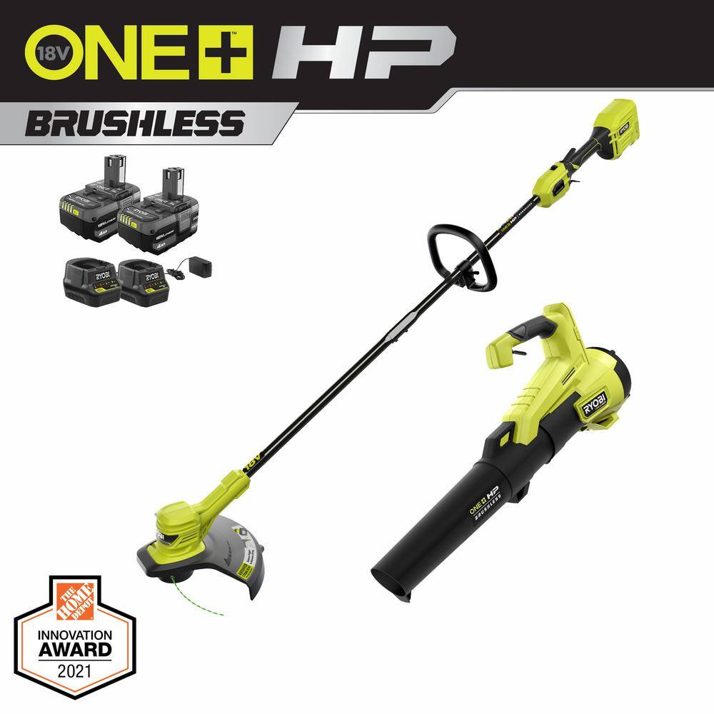 RYOBI ONE+ HP 18V Brushless Cordless Battery String Trimmer and Leaf Blower with (2) 4.0 Ah Batteries and (2) Chargers P20121-BK