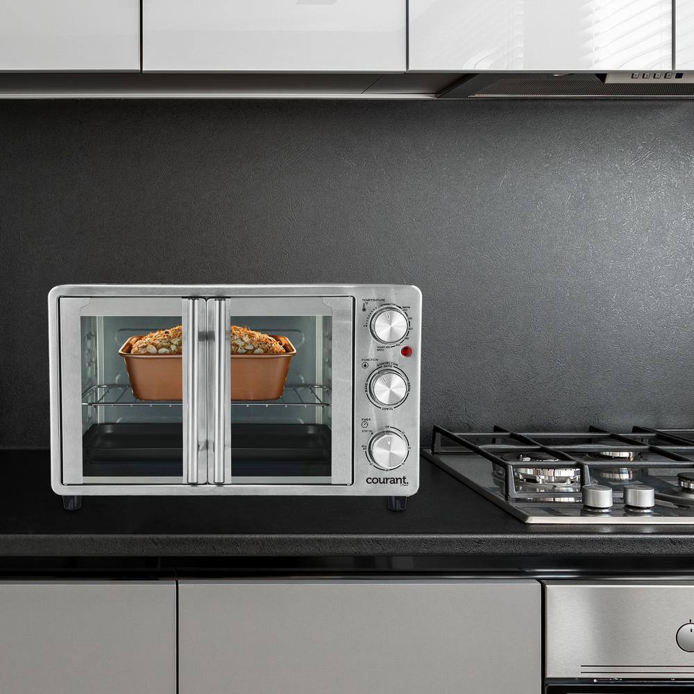 Courant 1500 W 6-Slices Gray Stainless Steel French Door Convection Toaster Oven and Broiler Bake Broil Toast Oven MTO2540STK974