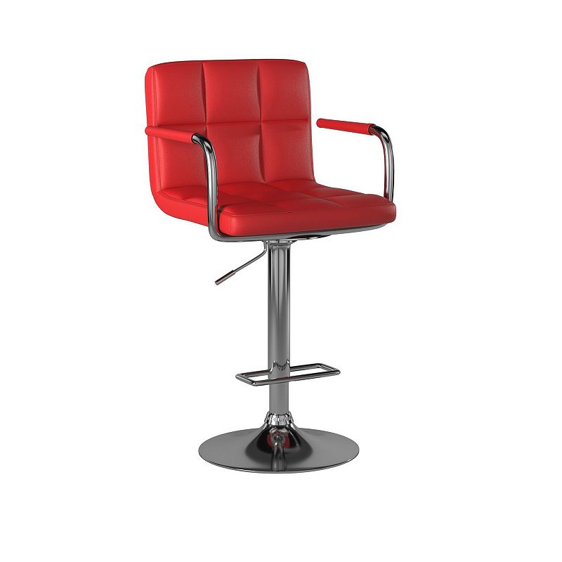 Leatherette Swivel Barstool with Square Stitched Details， Red and Silver