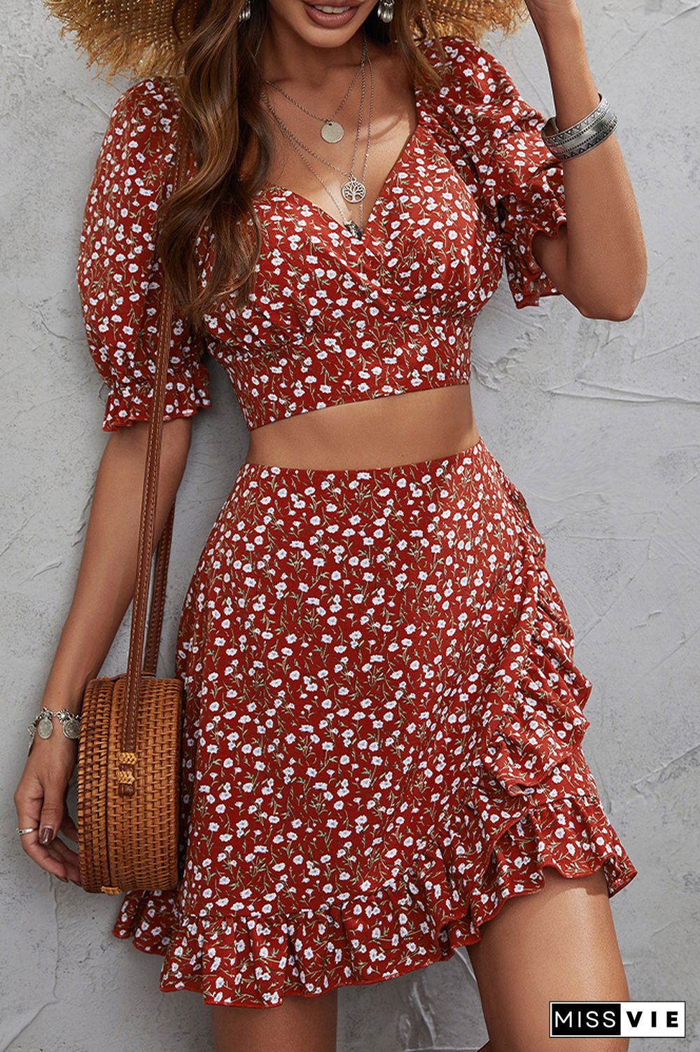 Floral Print Crop Top & Mini Skirts Set Wholesale