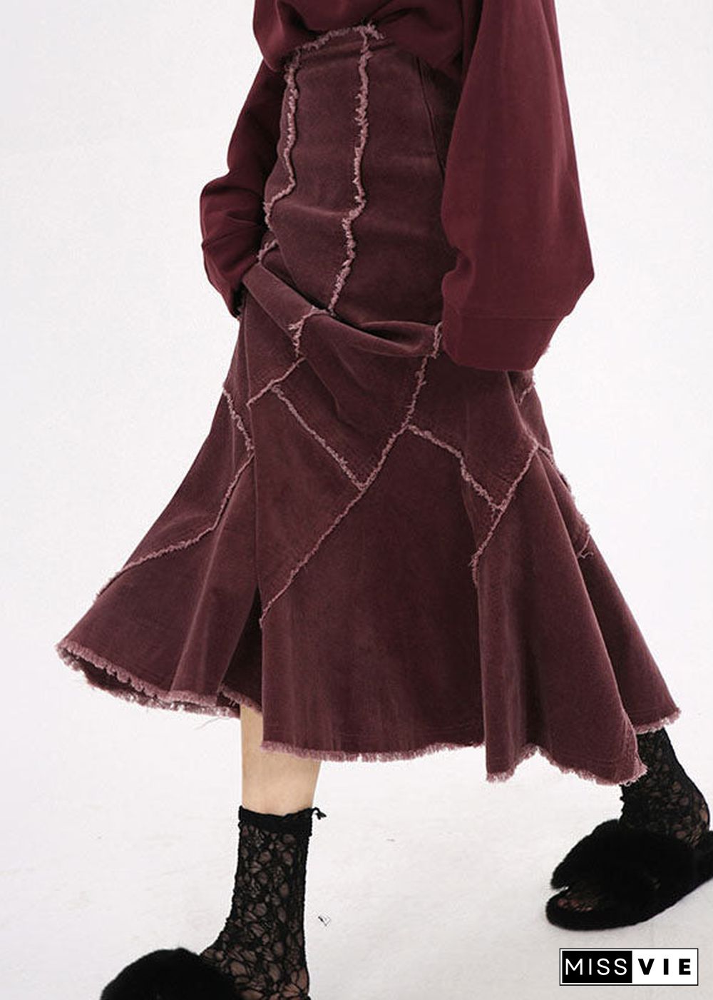 Art Red Wraped Patchwork Corduroy Skirt Winter