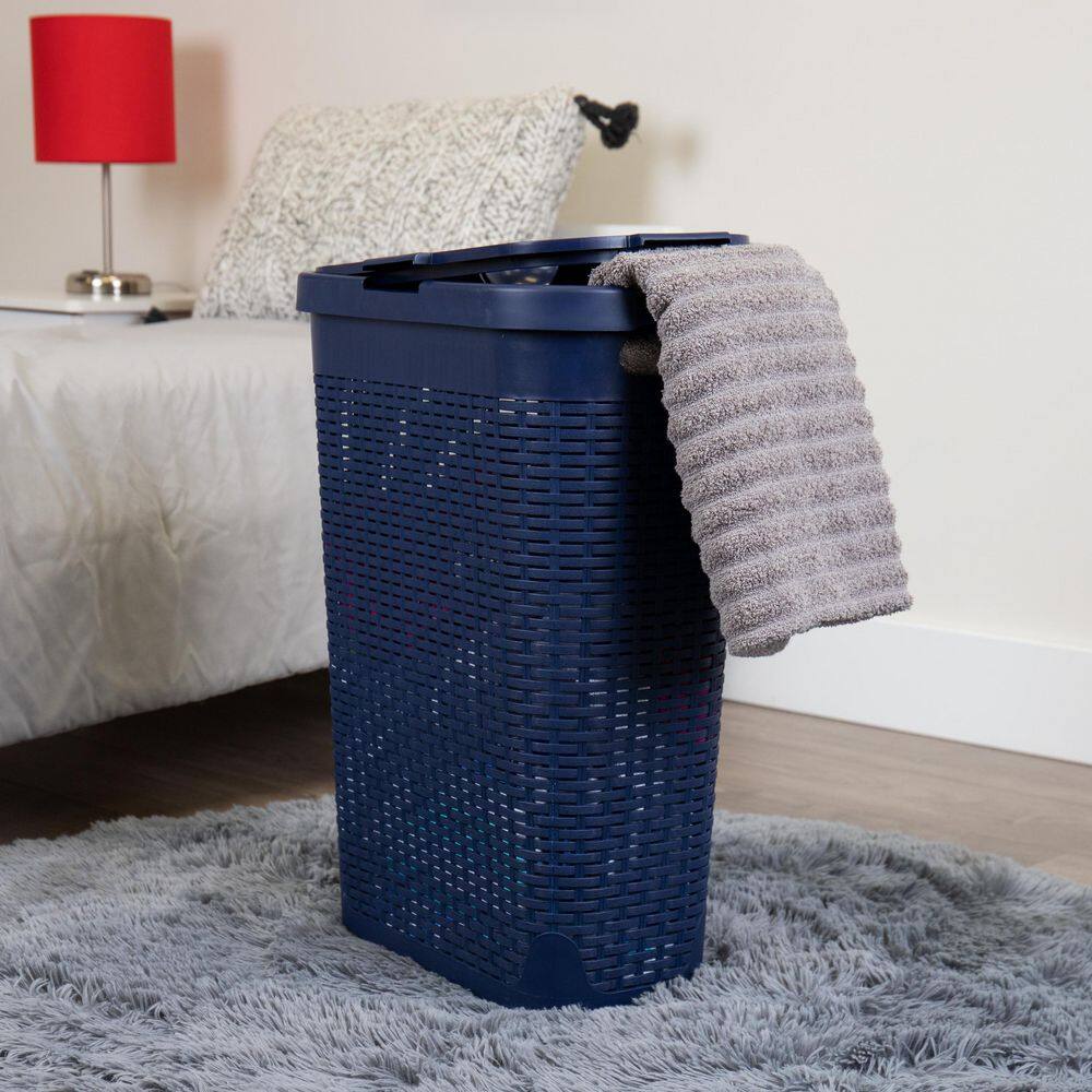 Mind Reader Basket Collection Slim Laundry Hamper 40 Liter (15kg33lbs) Capacity Attached Hinged Lid Navy 40HAMP-NVY