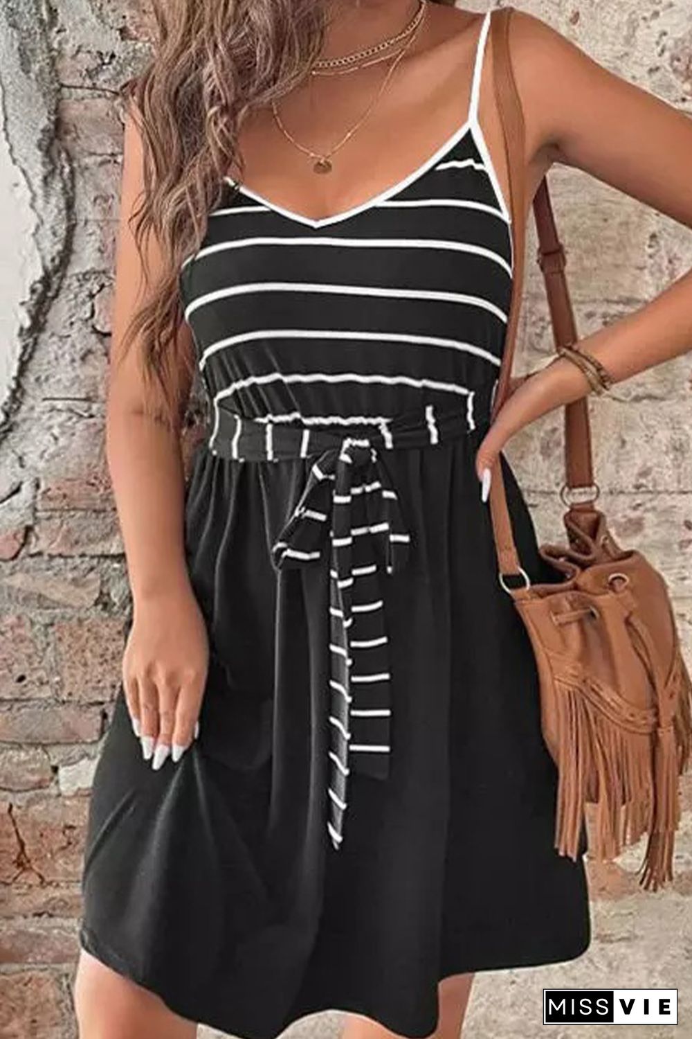 Black Spaghetti Straps Striped Cami Dress with Sash