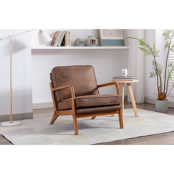 Mid-Century Modern Lounge Armchair Arm Chair with Wood Frame and Vintage Cushions for Living Room， Coffee Microfiber