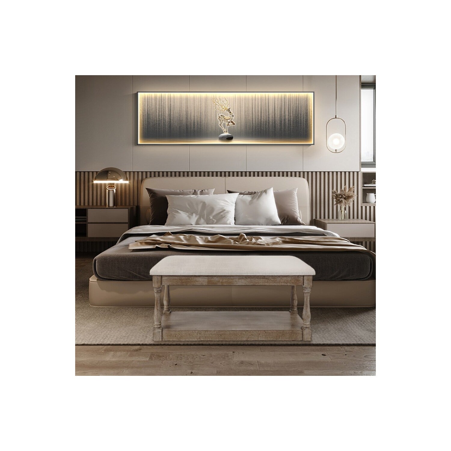 Luxen Home Upholstered Beige Linen Entryway and Bedroom Bench