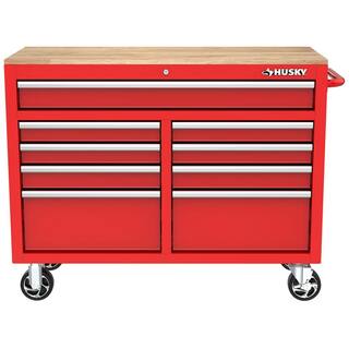 Husky 46 in. W x 18 in. D 9-Drawer Gloss Red Mobile Workbench Cabinet with Solid Wood Top H46X18MWC9RED