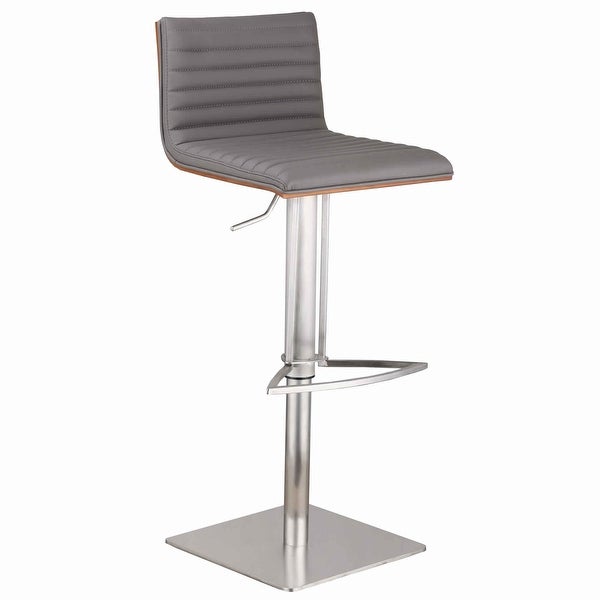 Faux Leather Adjustable Barstool with Horizontal Stitching，Gray and Chrome