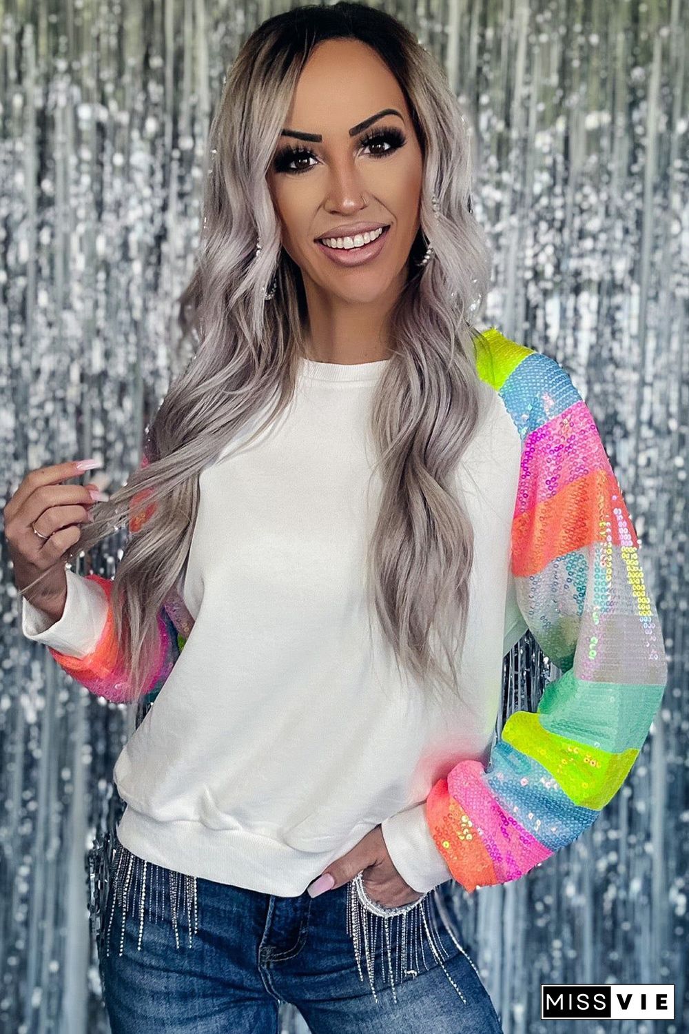 White Sequin Color Block Raglan Sleeve Pullover Sweatshirt