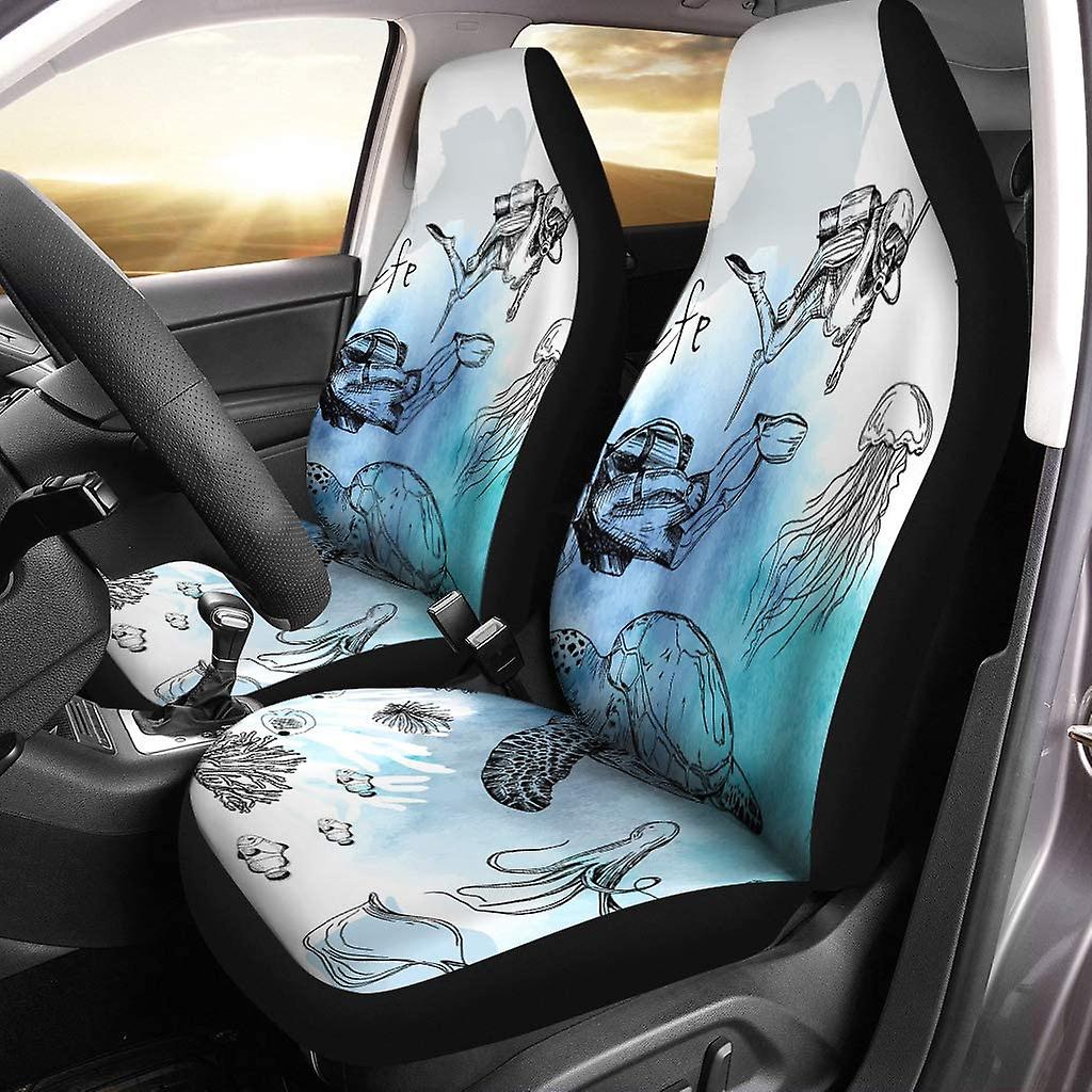 Set Of 2 Car Seat Covers Underwater World Diving Returnee Jellyfish Universal Auto Front Seats Protector Fits For Car，suv Sedan，truck