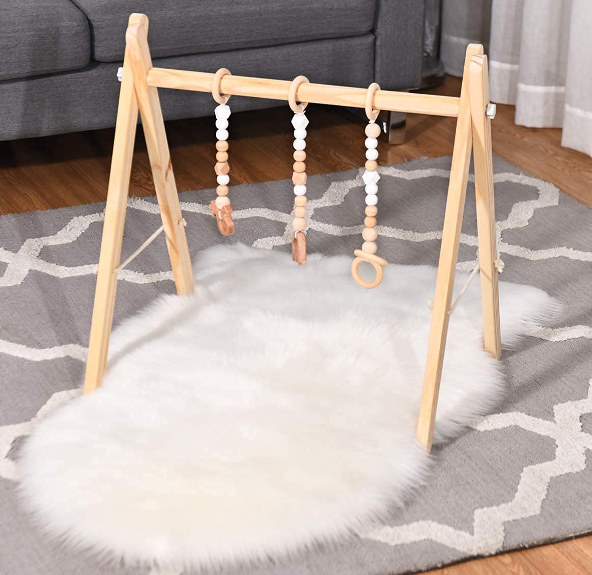 BABY JOY Portable Wooden Baby Gym, Foldable Baby Play Gym Frame with 3 Wooden Baby Teething Toys