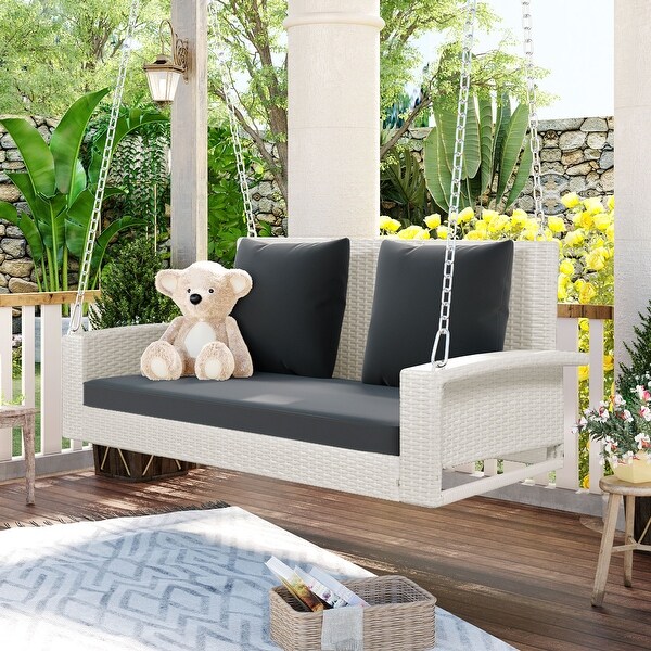 2Person Wicker Porch Swing，Modern Rocking Porch Swing with Chains Cushion Pillow Bench for Garden Backyard