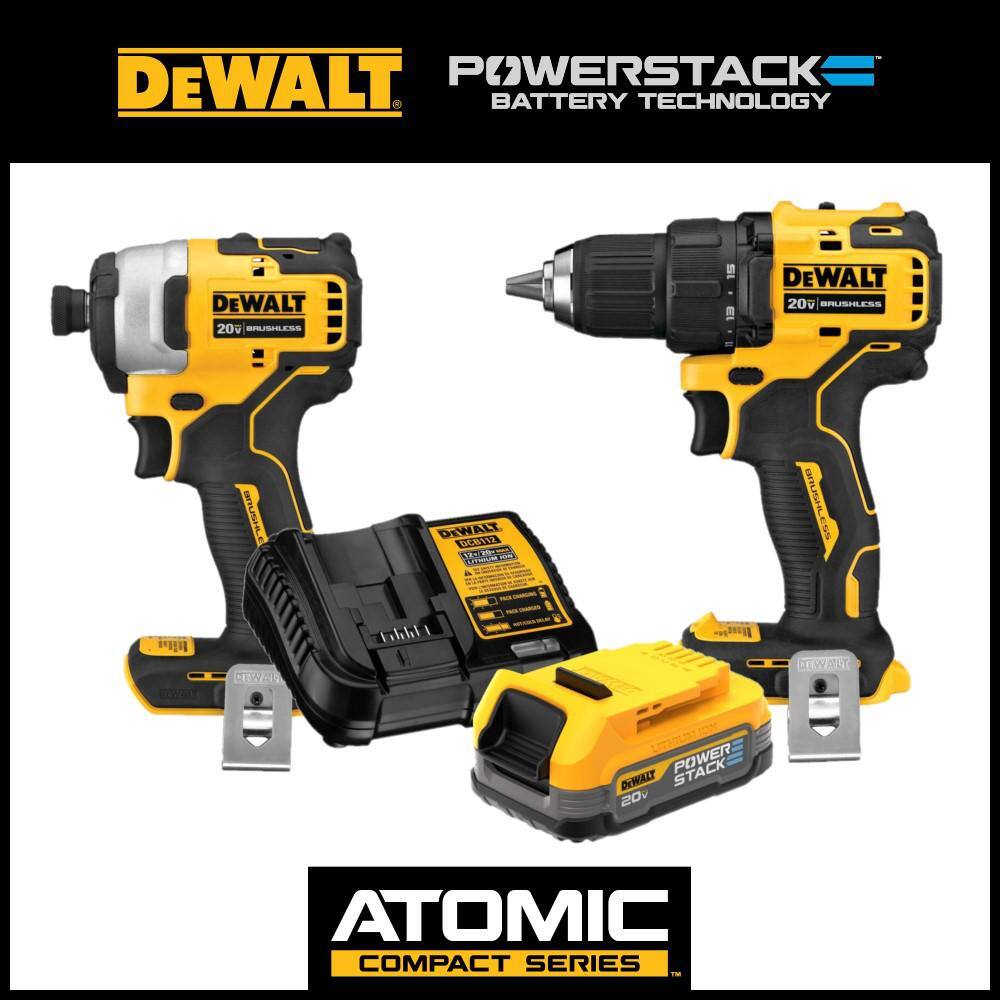 DW ATOMIC 20V Brushless Cordless 12 in. DrillDriver 20V 14 in. Impact Driver and 20V POWERSTACK Battery Starter Kit DCD708BW809034C