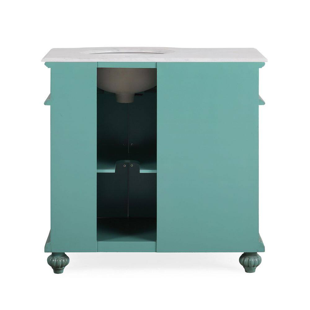 Silkroad Exclusive 36 in. W x 22 in. D x 36 in. H Freestanding Bath Vanity in Vintage Green with Carrara White Marble Top V0213NW36R