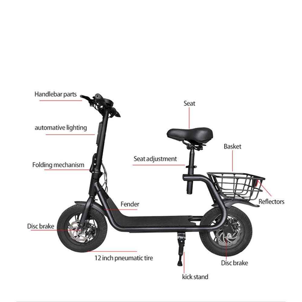 Hot Selling Electric Bike Basket  Wholesale 350W Outdoor Cycling Foldable E Scooter with Good Quality Tail Light