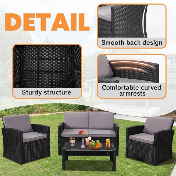 4 Pieces Patio Conversation Set，Outside Rattan Sectional Sofa，Cushion Furniture Set，Wicker Sofa for Garden，Rattan and Cushion