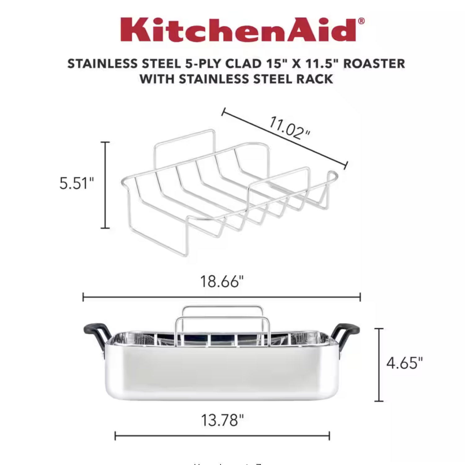 KitchenAid 5-PLY， 10.4 qt.， Polished， Stainless Steel， Induction， Roasting Pan with Rack