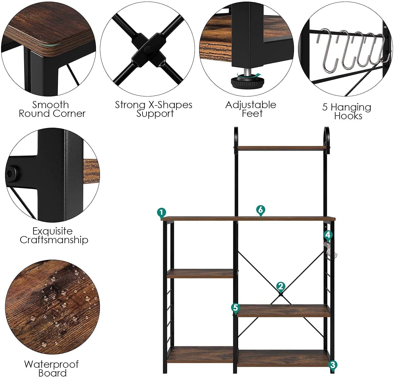 Homfa Bakers Rack， 5 Tier Wood Kitchen Stand with Storage Shelf， Iron Frame Microwave Oven Cart， Rustic Brown Finish