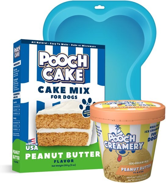 Pooch Cake Basic Starter Plus Peanut Butter Cake Mix with Cake Mold kit and Pooch Creamery Peanut Butter Ice Cream Dog Treat， 9-oz box and 5.25-oz carton