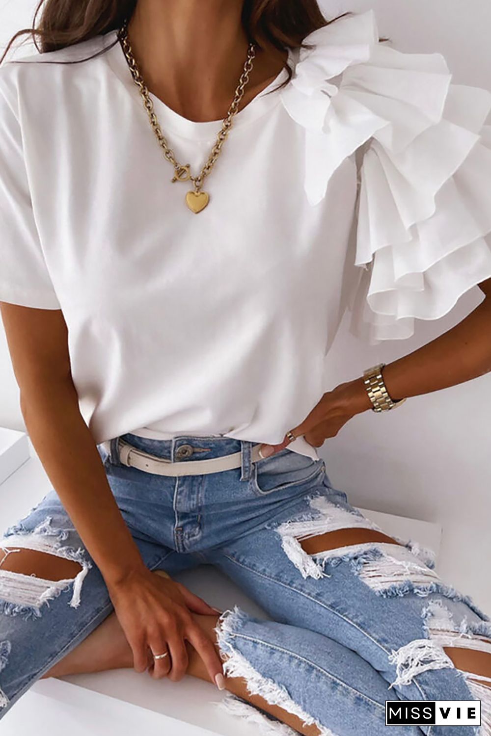 White Asymmetric Cascading Sleeve Tee