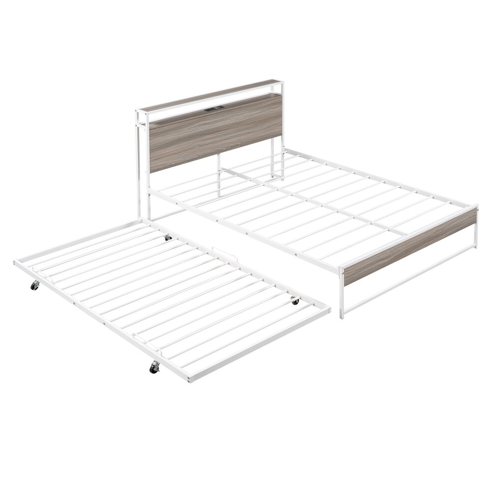 Classic Elegant Full Size Metal Platform Bed Frame with Trundle  USB Ports